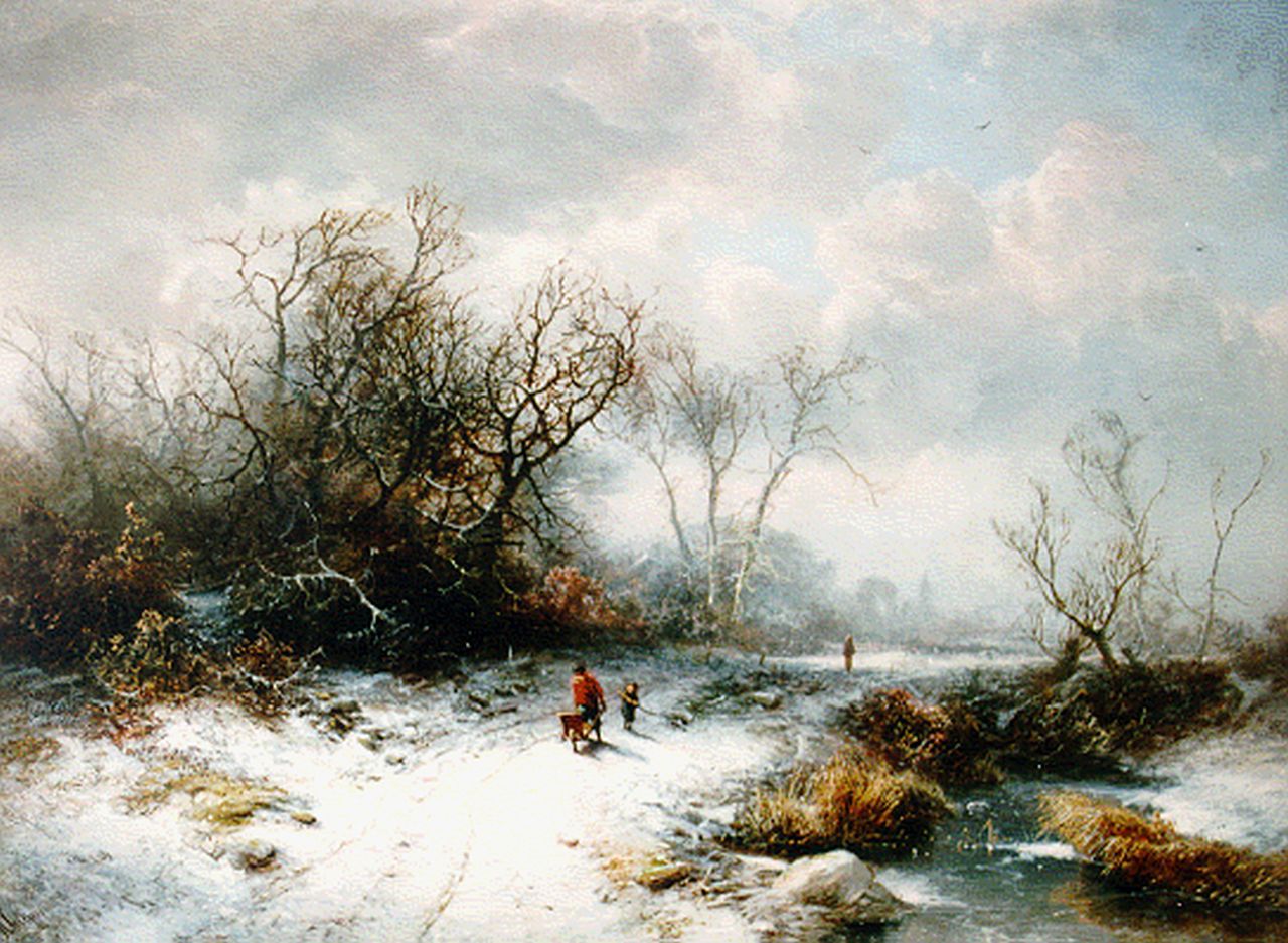 Kluyver P.L.F.  | 'Pieter' Lodewijk Francisco Kluyver, Travellers in a winter landscape, oil on panel 40.0 x 55.4 cm, signed l.l.