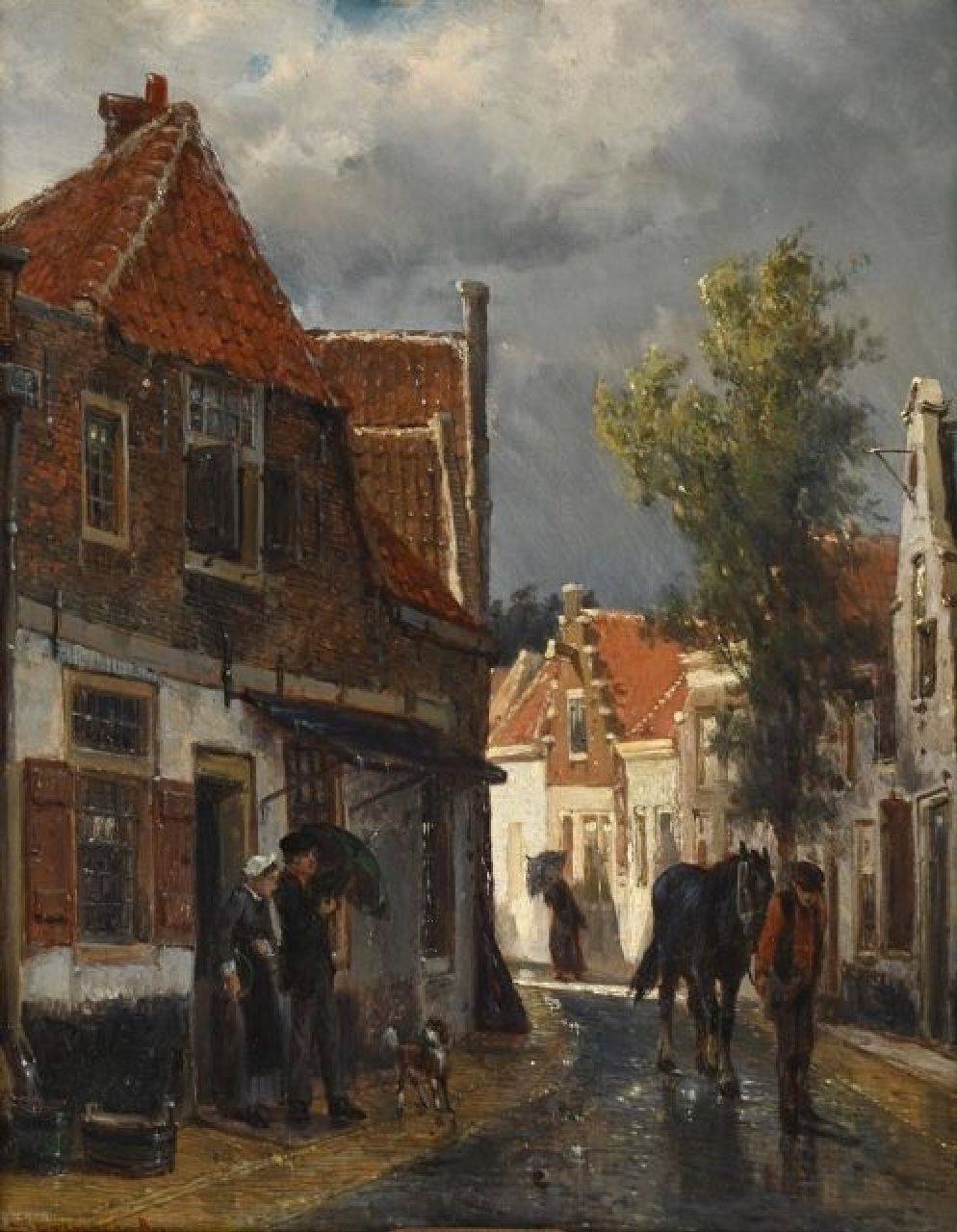 Springer C. | Cornelis Springer | Paintings offered for sale | A rainy day in a street in Oudewater, oil on panel 24.5 x 19.0 cm, signed l.l. and dated '80 Springer C. | Cornelis Springer | Paintings offered for sale | A rainy day in a street in Oudewater, oil on panel 24.5 x 19.0 cm, signed l.l. and dated '80