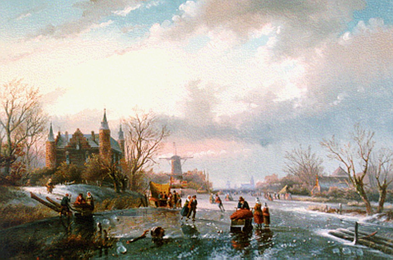 Spohler J.J.  | Jan Jacob Spohler, Skaters and a 'koek en zopie' on the ice, oil on canvas 55.0 x 83.3 cm, signed l.r.