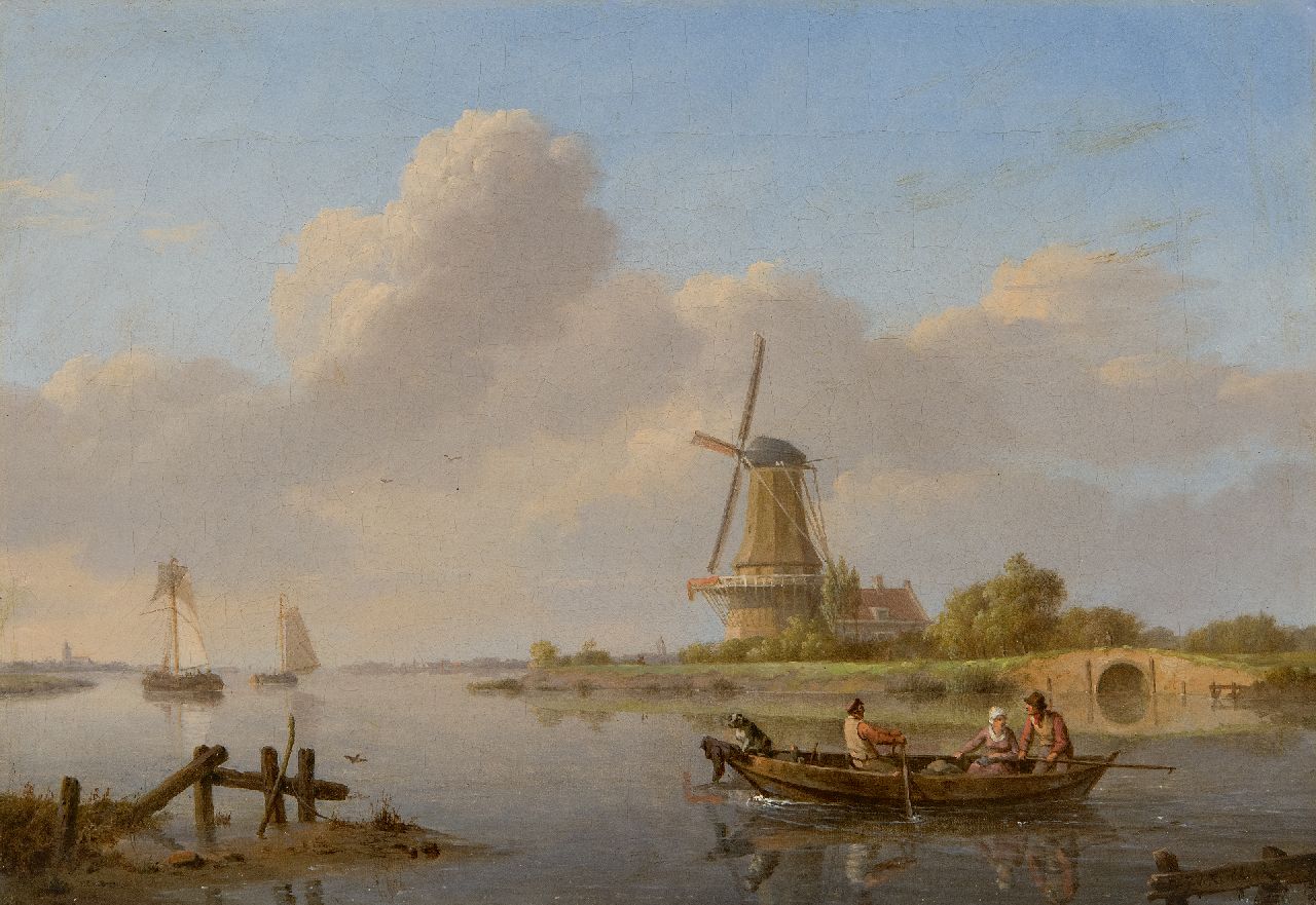 Koekkoek J.H.  | Johannes Hermanus Koekkoek | Paintings offered for sale | A quiet river scene with a mill and ferry, oil on canvas 23.5 x 33.6 cm, signed l.r.