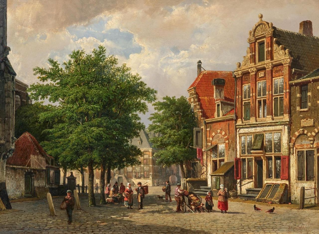Koekkoek W.  | Willem Koekkoek | Paintings offered for sale | Sommerliches Stadtbild mit Figuren bei einer Kirche, oil on canvas 40.0 x 54.2 cm, signed l.r.