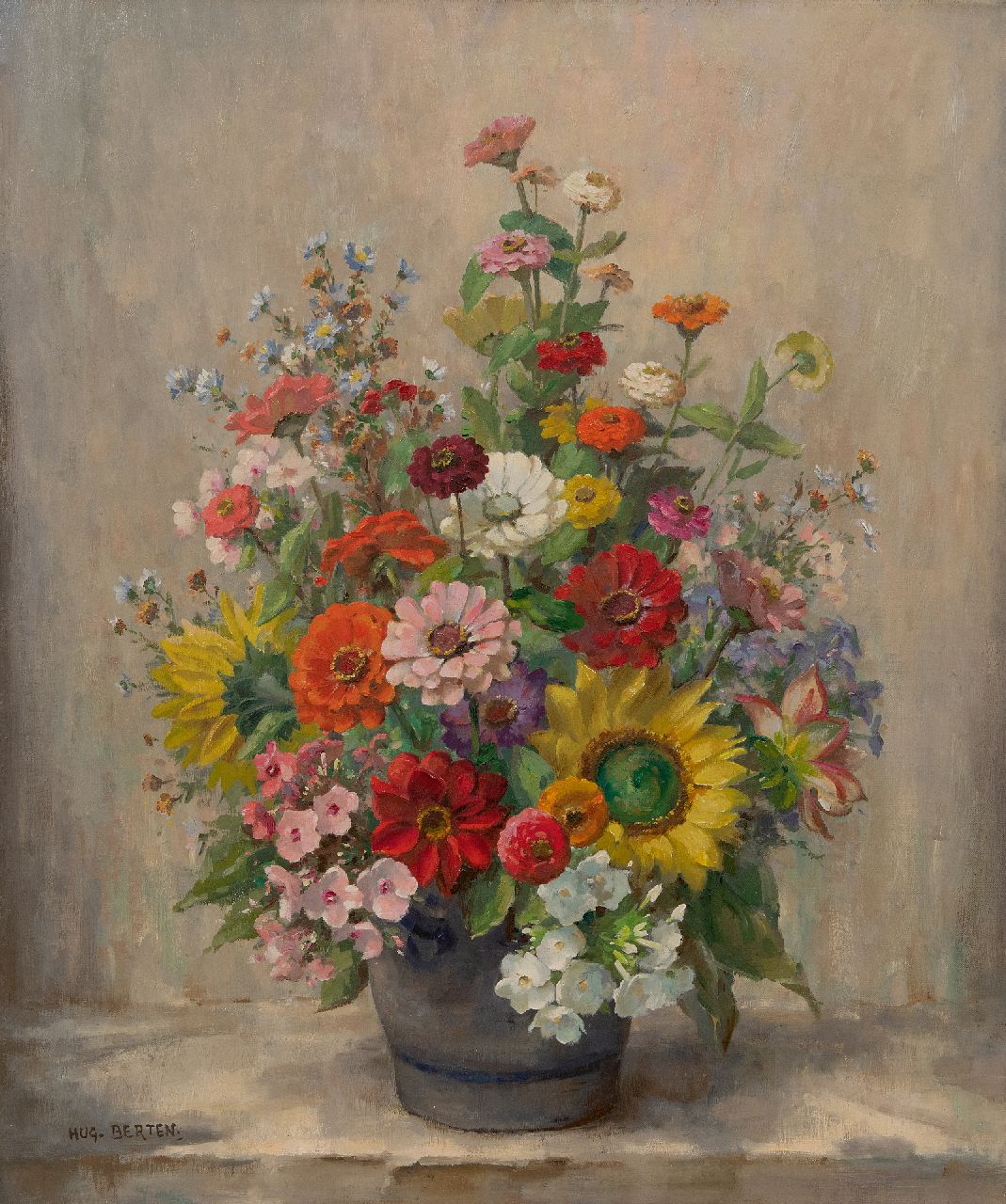 Berten H.H. | Hermann 'Hugo' Berten | Paintings offered for sale | Pot with summer flowers, oil on canvas 60.1 x 50.5 cm, signed l.l. and without frame Berten H.H. | Hermann 'Hugo' Berten | Paintings offered for sale | Pot with summer flowers, oil on canvas 60.1 x 50.5 cm, signed l.l. and without frame