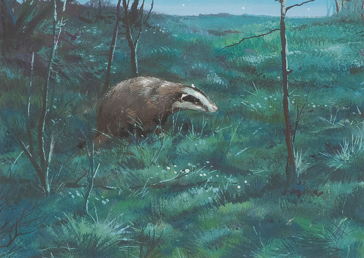 Poortvliet R. | Rien Poortvliet | Watercolours and drawings offered for sale | A badger on the move at dusk, gouache on paper 12.9 x 17.3 cm Poortvliet R. | Rien Poortvliet | Watercolours and drawings offered for sale | A badger on the move at dusk, gouache on paper 12.9 x 17.3 cm