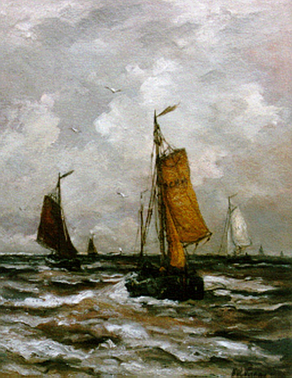 Mesdag H.W.  | Hendrik Willem Mesdag, 'Bomschuiten' in full sail, oil on canvas 50.7 x 39.8 cm, signed l.r. indistinctly