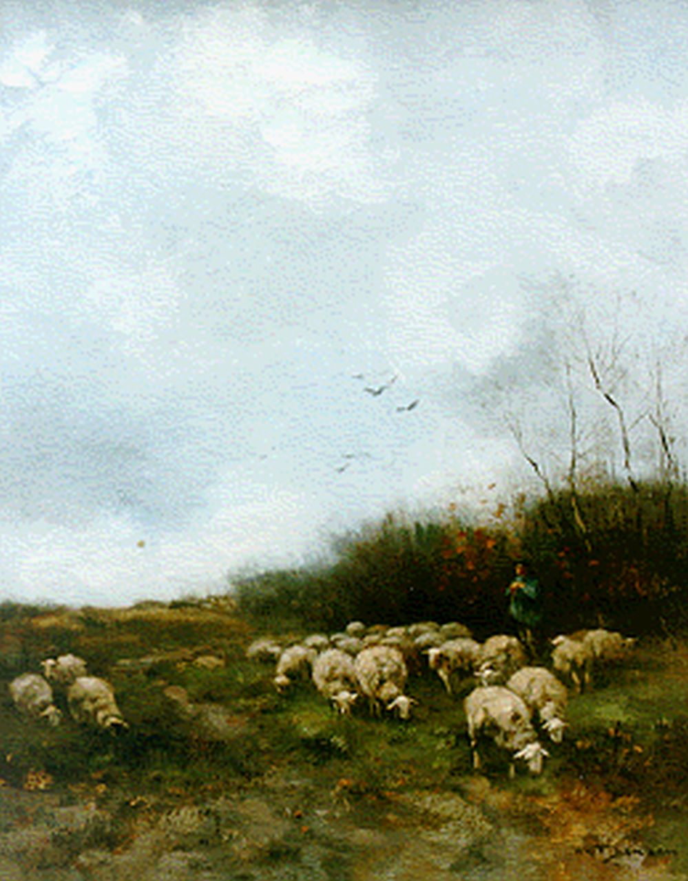 Jansen W.G.F.  | 'Willem' George Frederik Jansen, A shepherd with his flock, oil on canvas 55.0 x 45.0 cm, signed l.r.