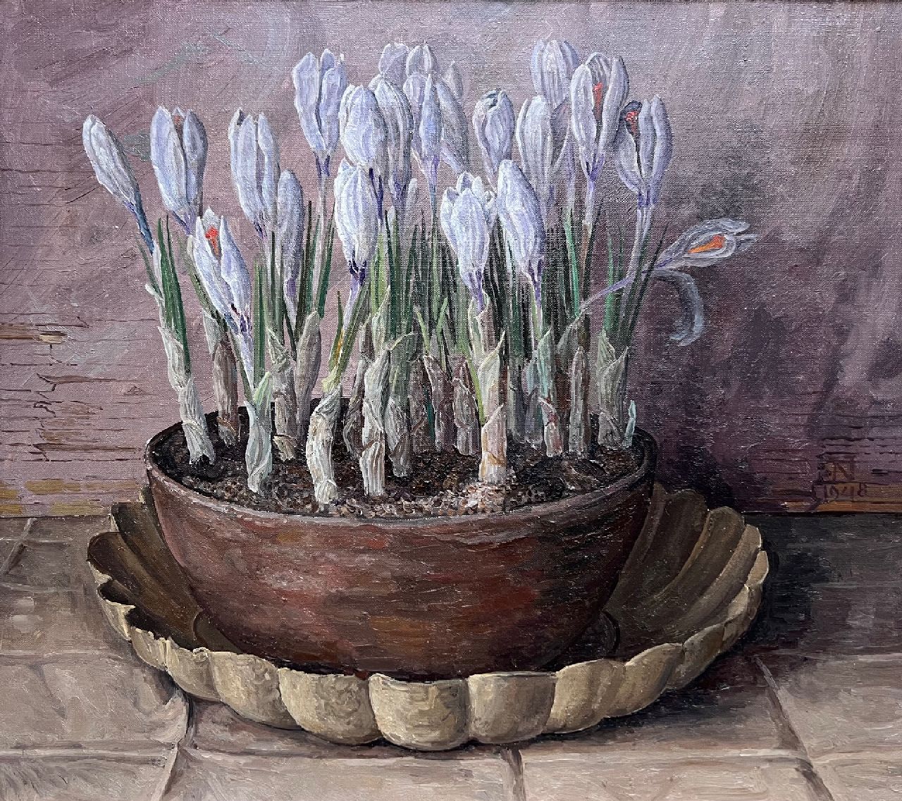Nieweg J. | Jakob Nieweg | Paintings offered for sale | Bowl of crocuses, oil on canvas 40.2 x 45.3 cm, signed c.r. with Monogram and dated 1948 Nieweg J. | Jakob Nieweg | Paintings offered for sale | Bowl of crocuses, oil on canvas 40.2 x 45.3 cm, signed c.r. with Monogram and dated 1948