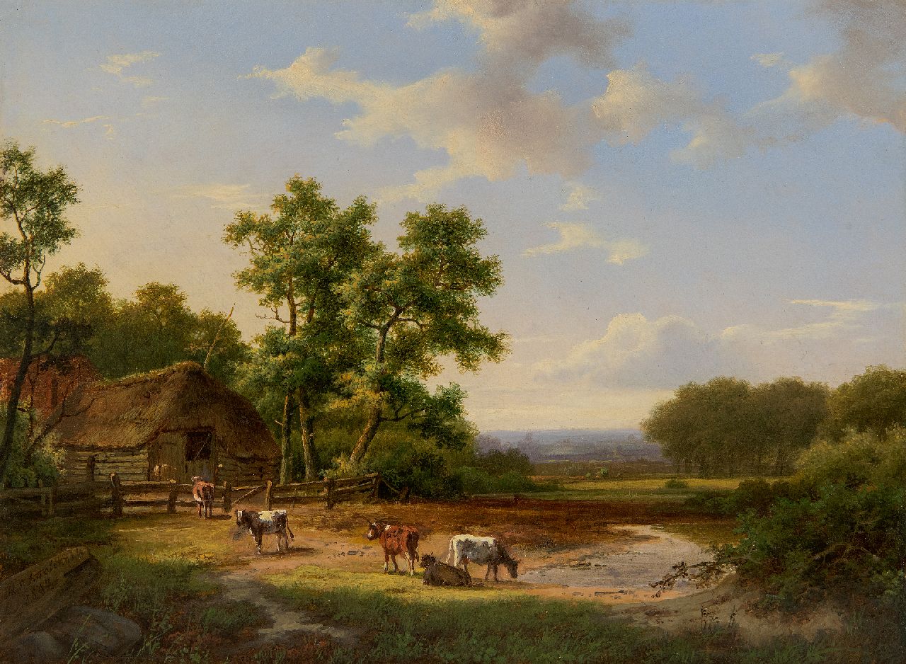 Koekkoek I M.A.  | Marinus Adrianus Koekkoek I | Paintings offered for sale | Summer landscape with cattle by a farm shed, oil on panel 25.3 x 33.8 cm, signed l.l. and dated 1862