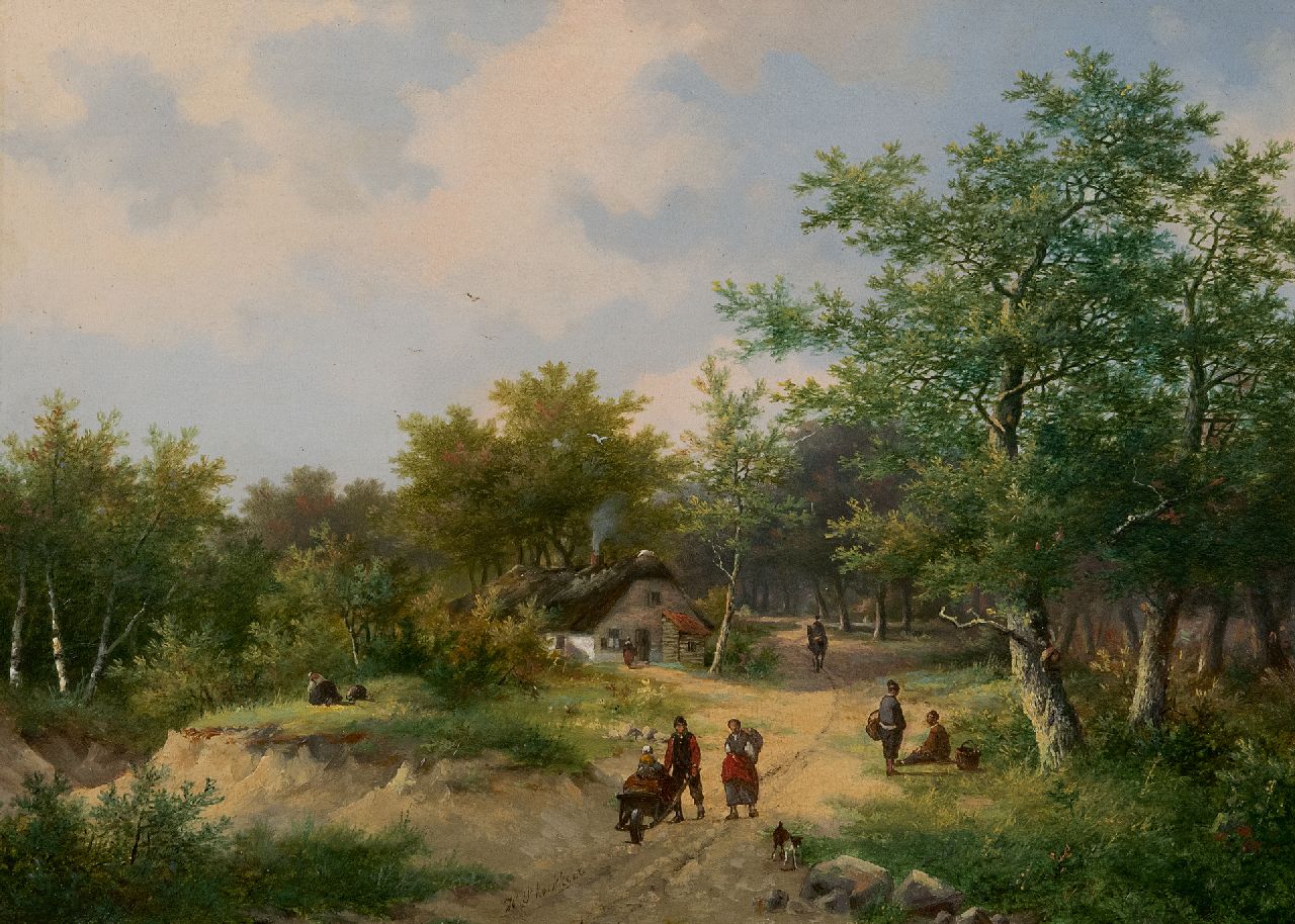 Koekkoek P.H.  | Pieter Hendrik 'H.P.' Koekkoek | Paintings offered for sale | Peasants on a country road, oil on panel 26.8 x 37.2 cm, signed l.c.