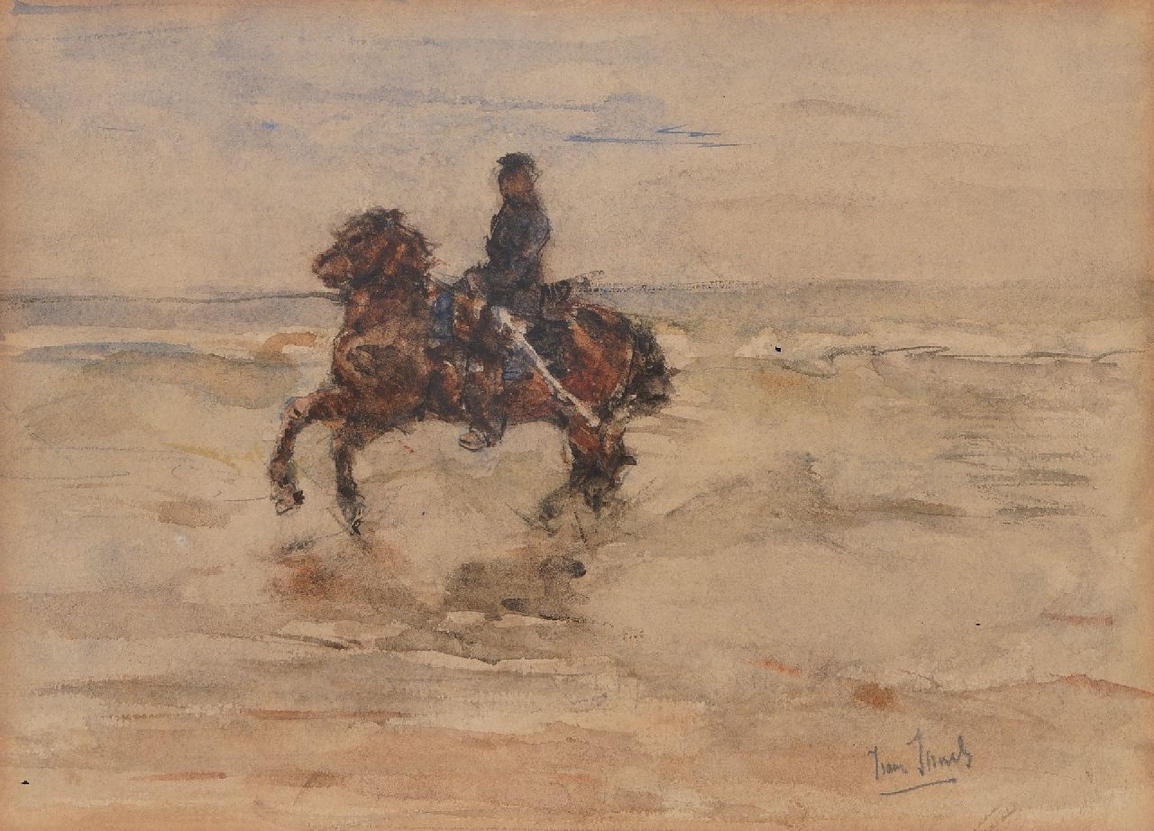 Israels I.L.  | 'Isaac' Lazarus Israels | Watercolours and drawings offered for sale | Cavalryman in the surf, watercolour on paper 11.8 x 16.5 cm, signed l.r. and ca 1880