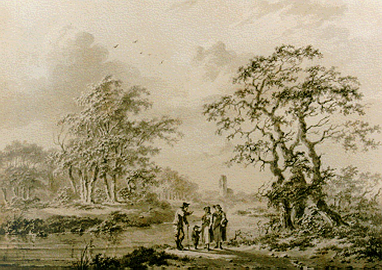 Koekkoek B.C.  | Barend Cornelis Koekkoek, Extensive wooded landscape with figures on a path, sepia on paper 12.5 x 17.8 cm, signed l.r. and dated 1838
