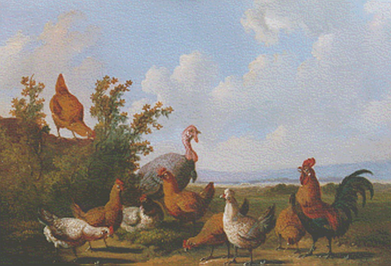 Verhoesen A.  | Albertus Verhoesen, Poultry in a landscape, oil on panel 14.4 x 19.1 cm, signed l.l. and dated 1880