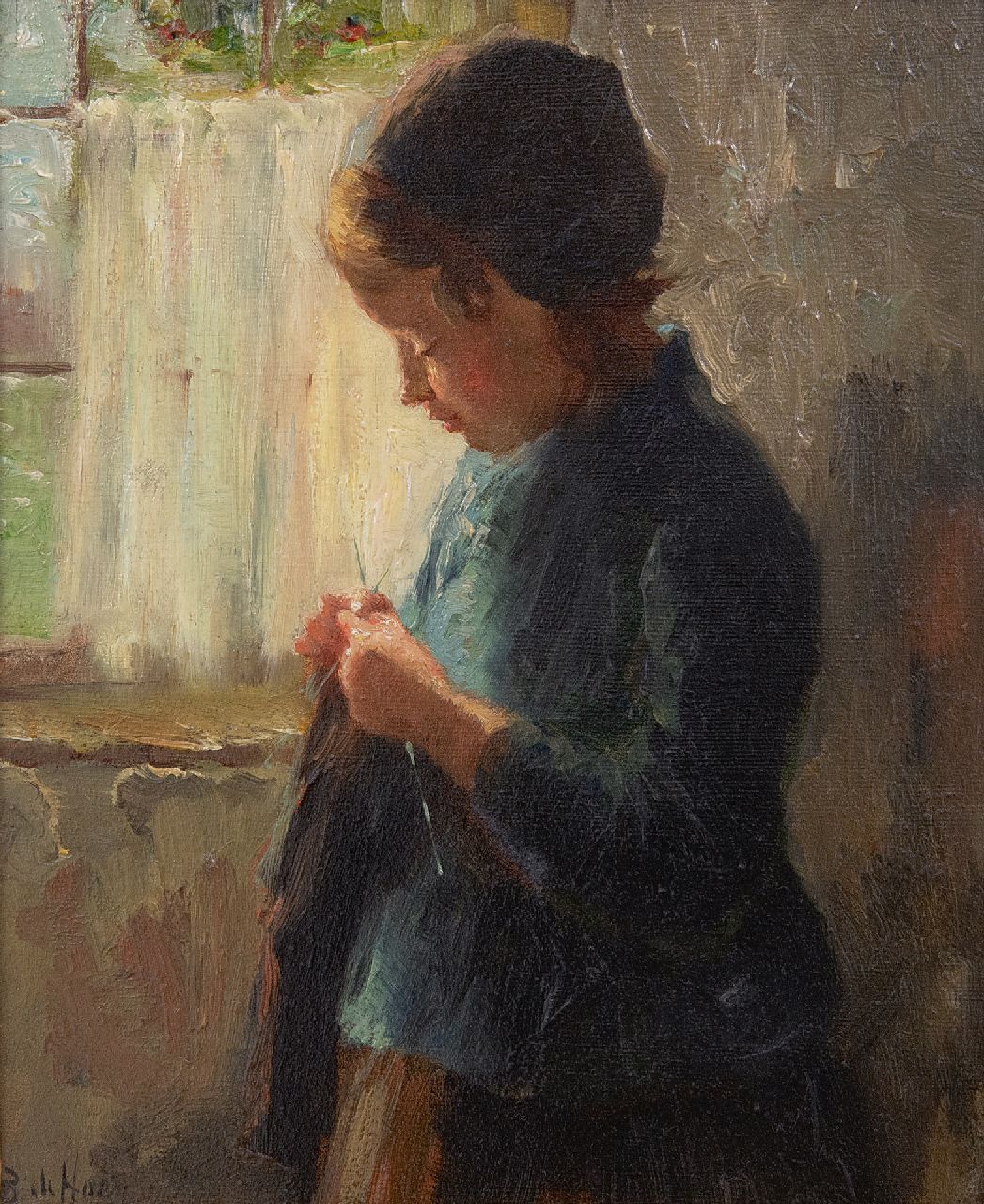 Hoog J.B. de | Johan 'Bernard' de Hoog | Paintings offered for sale | A girl knitting, oil on panel 16.7 x 13.7 cm, signed l.l.