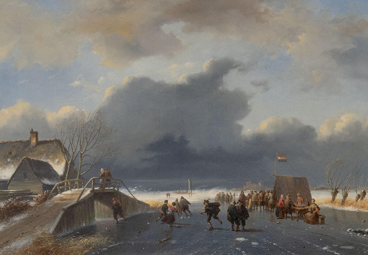 Roosenboom/Verboeckhoven Nicolaas Johannes/Eugène  | N.J./E. Roosenboom/Verboeckhoven | Paintings offered for sale | Skating fun with an approaching snowstorm (figures by Eugène Verboeckhoven), oil on canvas 48.1 x 68.0 cm