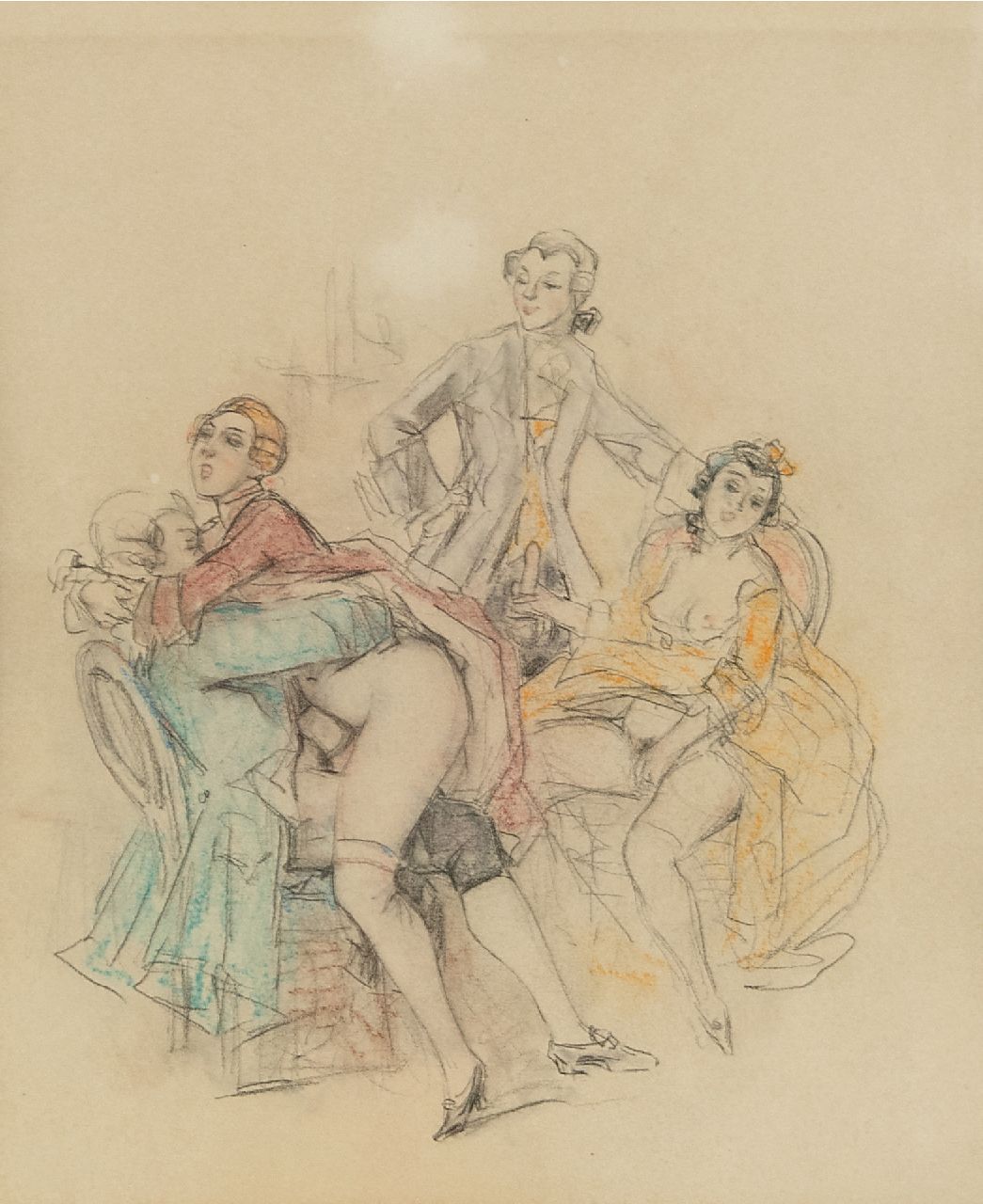 Poulton T.L. | Thomas Leycester 'Tom' Poulton, Réunion mondaine monogamous Monogamous party, coloured pencil on paper 21.5 x 18.0 cm Poulton T.L. | Thomas Leycester 'Tom' Poulton, Réunion mondaine monogamous Monogamous party, coloured pencil on paper 21.5 x 18.0 cm