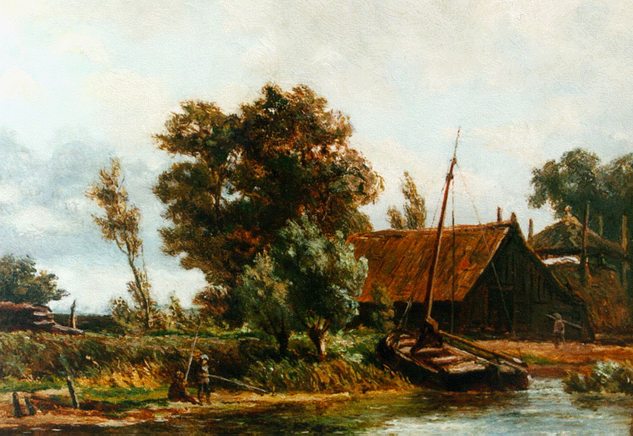 Borselen J.W. van | Jan Willem van Borselen, Figures on the riverbank, oil on panel 14.9 x 19.3 cm, signed on the reverse