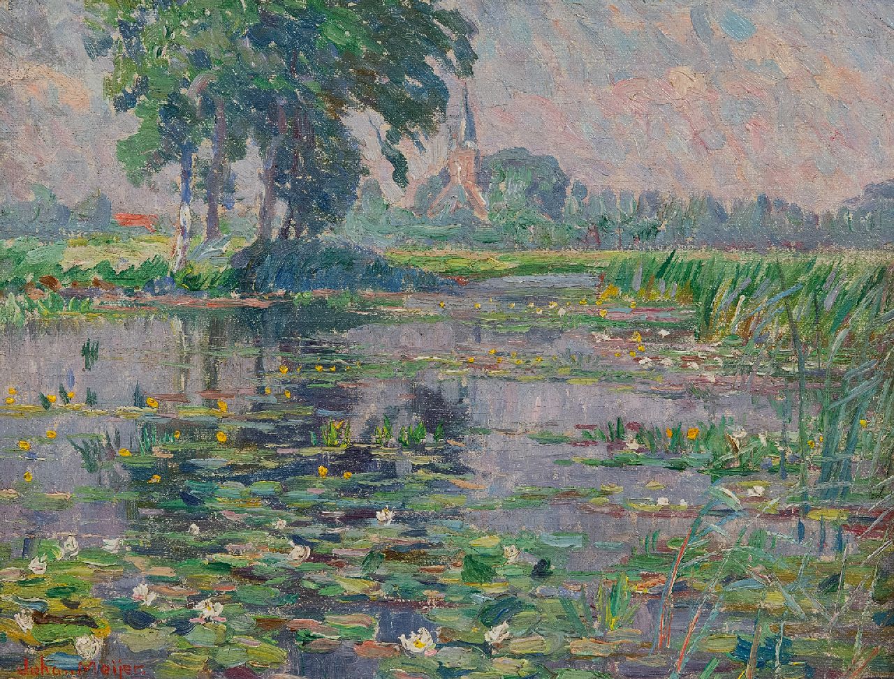 Meijer J.  | Johannes 'Johan' Meijer | Paintings offered for sale | View of a pond with blooming water lilies and a village church in the distance, oil on canvas 23.0 x 30.0 cm