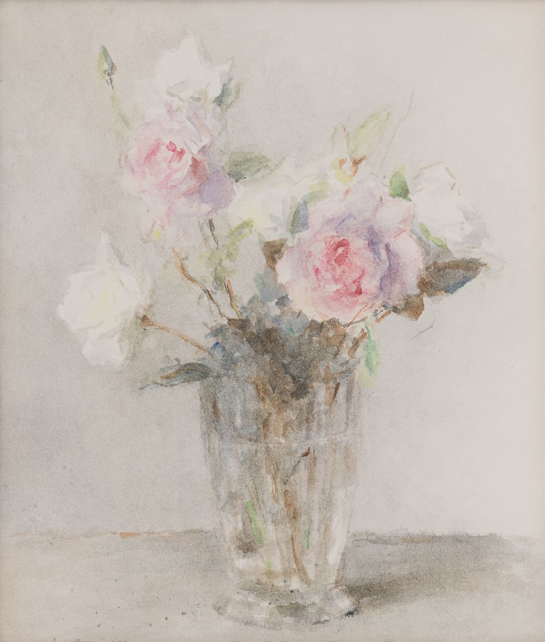 Groningen L. van | Lucie 'Loes' van Groningen | Watercolours and drawings offered for sale | Roses in a glass vase, watercolour on paper 44.0 x 36.2 cm, gesigneerd linksonder Groningen L. van | Lucie 'Loes' van Groningen | Watercolours and drawings offered for sale | Roses in a glass vase, watercolour on paper 44.0 x 36.2 cm, gesigneerd linksonder