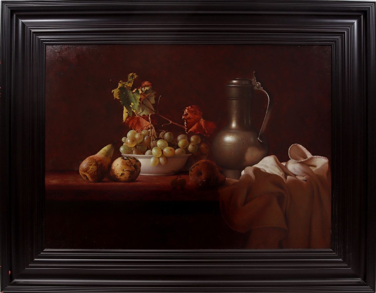 Gyula Bubarnik | Still life of fruit and a pewter jug on a table, oil on panel, 50.0 x 70.0 cm, signed l.l. Gyula Bubarnik | Still life of fruit and a pewter jug on a table, oil on panel, 50.0 x 70.0 cm, signed l.l.