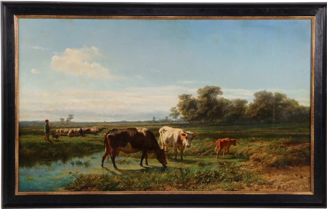 Savrij H. | Hendrik Savrij | Paintings offered for sale | Summer landscape with drinking cattle and a flock of sheep, oil on canvas 76.7 x 129.0 cm, signed l.r. Savrij H. | Hendrik Savrij | Paintings offered for sale | Summer landscape with drinking cattle and a flock of sheep, oil on canvas 76.7 x 129.0 cm, signed l.r.