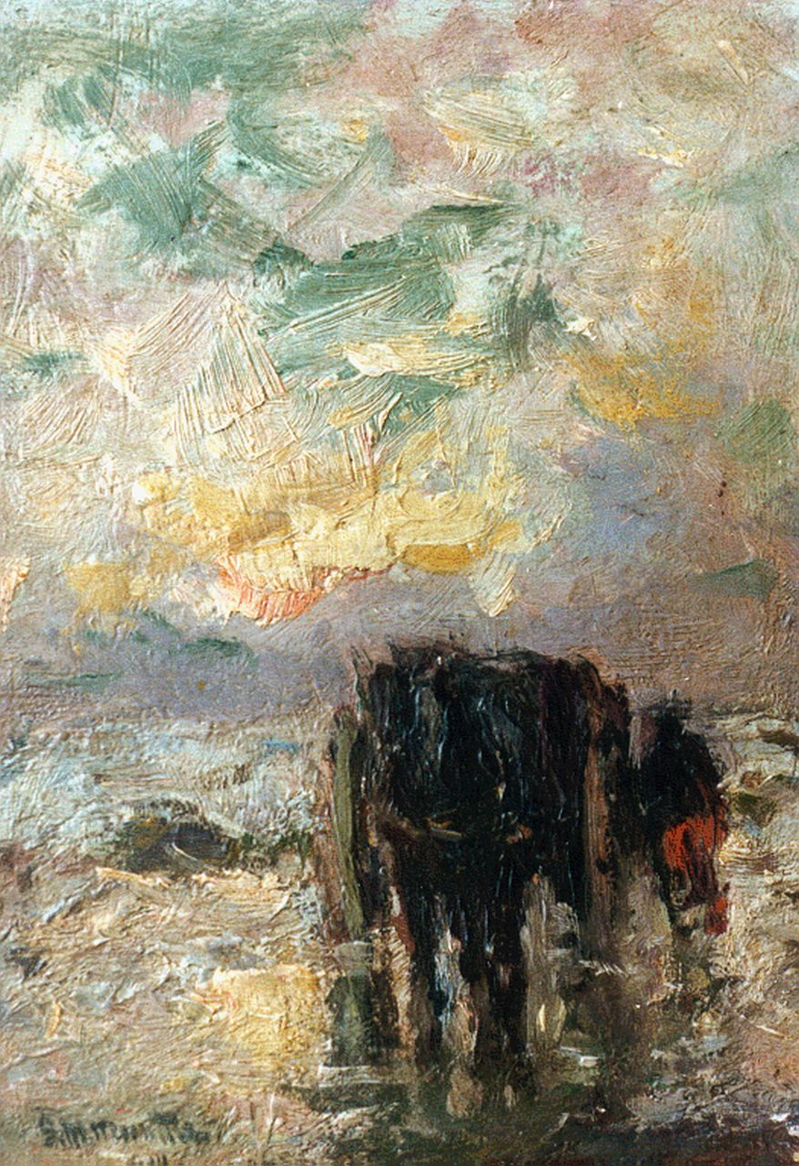 Munthe G.A.L.  | Gerhard Arij Ludwig 'Morgenstjerne' Munthe, A shell-gatherer on the beach by sunset, oil on panel 16.8 x 11.9 cm, signed l.l. and dated '14