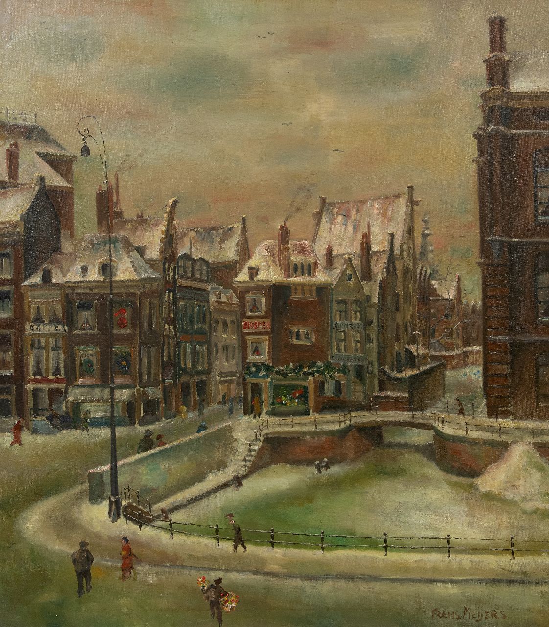 Meijers F.  | Frans Meijers, A snowy Rokin, Amsterdam, oil on canvas 80.1 x 70.3 cm, signed l.r.