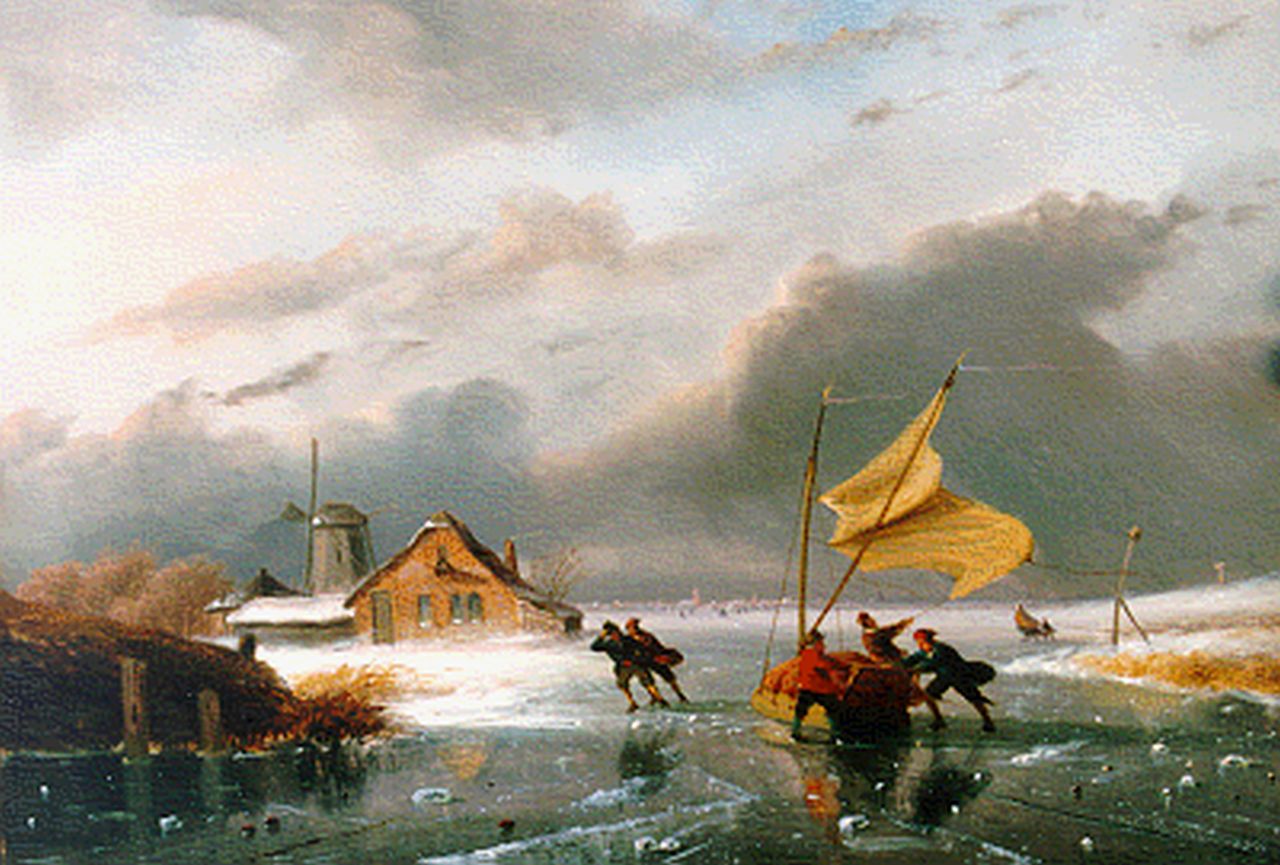 Roosenboom N.J.  | Nicolaas Johannes Roosenboom, Figures on the ice in winter, oil on panel 31.0 x 45.0 cm, signed l.r.