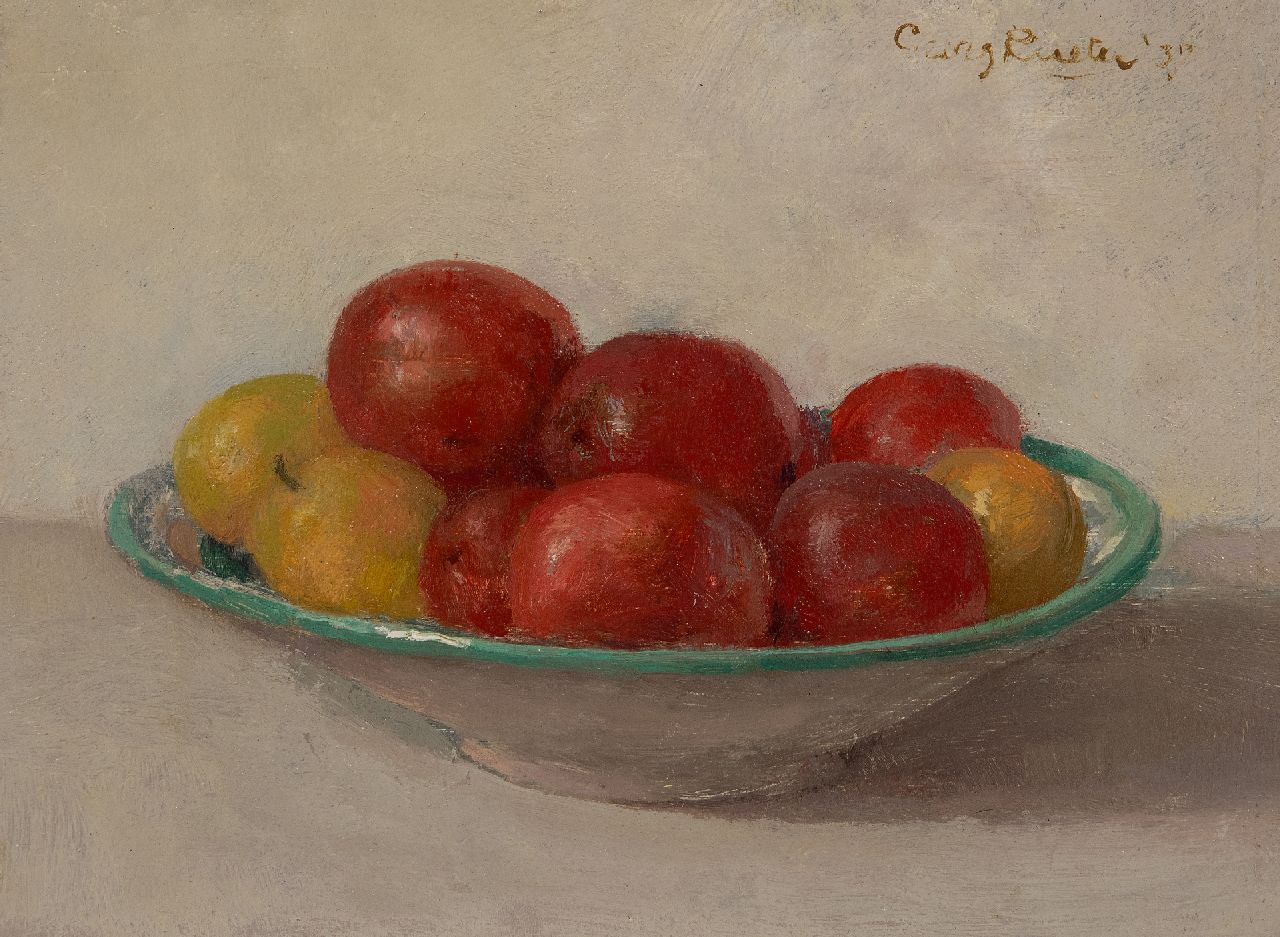 Rueter W.C.G.  | Wilhelm Christian 'Georg' Rueter | Paintings offered for sale | Still life with fruit on a small dish, oil on panel 17.6 x 23.3 cm, signed u.r. and dated '37, without frame