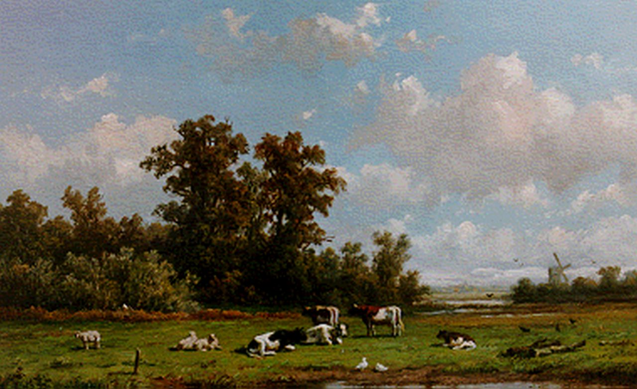 Wijngaerdt A.J. van | Anthonie Jacobus van Wijngaerdt, Cattle and ducks in a summer landscape, oil on panel 23.6 x 36.0 cm, signed l.r.