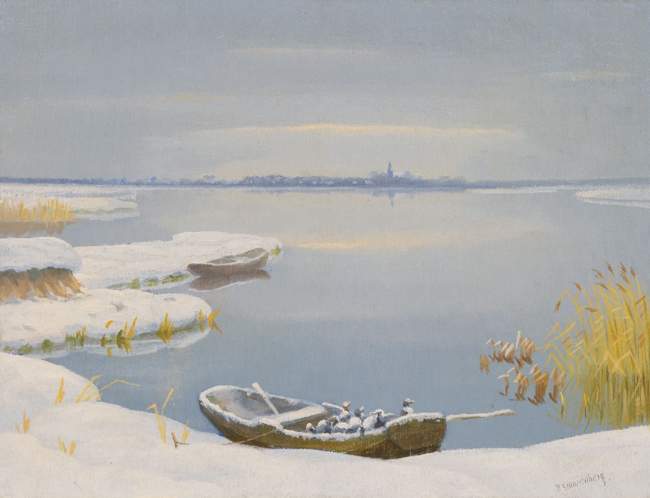Smorenberg D.  | Dirk Smorenberg | Paintings offered for sale | Winter at Loosdrecht with a family of ducks in a boat, oil on board 30.3 x 39.5 cm, signed l.r.