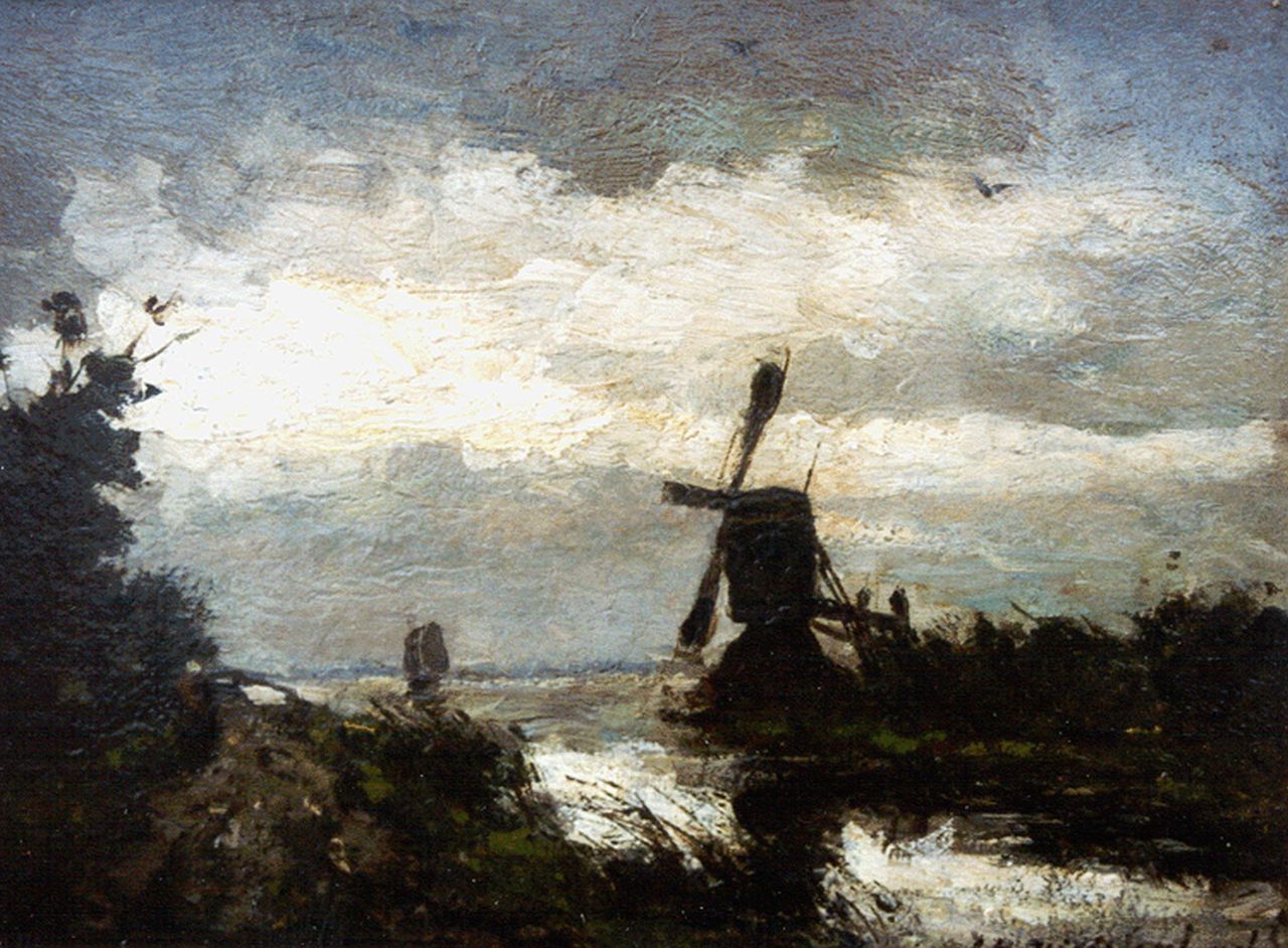Weissenbruch H.J.  | Hendrik Johannes 'J.H.' Weissenbruch | Paintings offered for sale | A landscape with windmill, oil on panel 18.5 x 24.5 cm, signed l.r.
