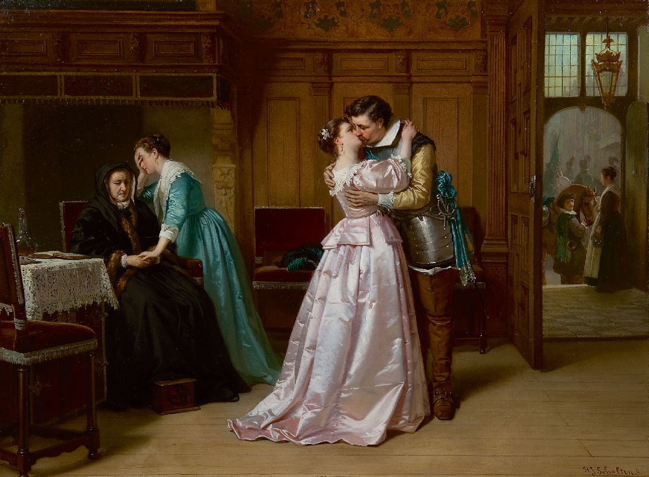 Scholten H.J.  | Hendrik Jacobus Scholten | Paintings offered for sale | The good-bye kiss, oil on panel 40.3 x 54.1 cm, signed l.r.