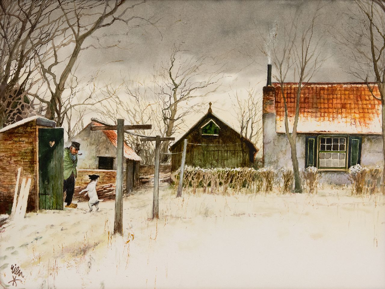 Poortvliet R. | Rien Poortvliet | Watercolours and drawings offered for sale | A happy friend on the farm, watercolour on paper 50.0 x 65.0 cm, signed l.l. Poortvliet R. | Rien Poortvliet | Watercolours and drawings offered for sale | A happy friend on the farm, watercolour on paper 50.0 x 65.0 cm, signed l.l.