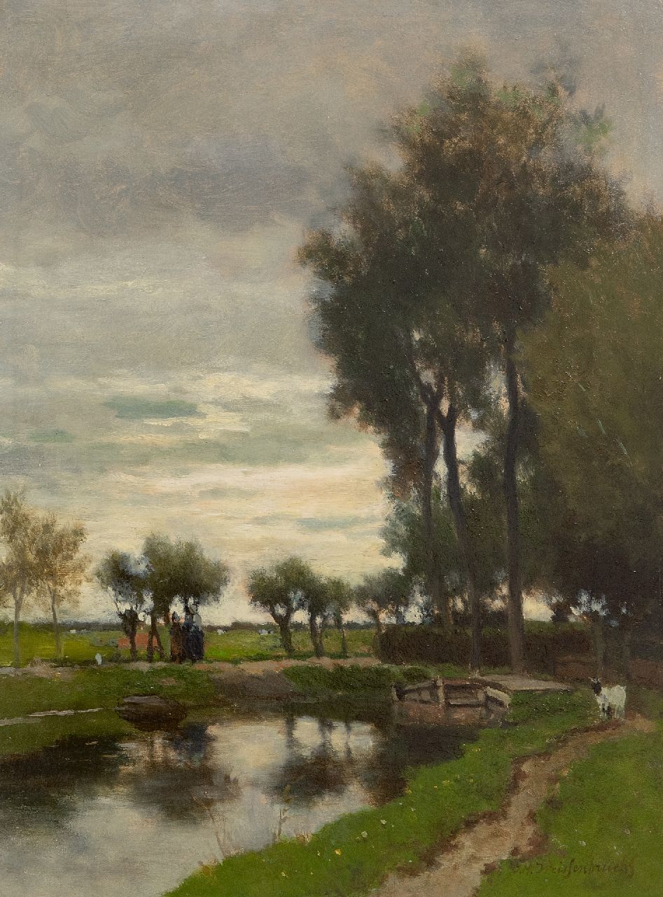 Weissenbruch H.J.  | Hendrik Johannes 'J.H.' Weissenbruch | Paintings offered for sale | Walking along  the water, oil on panel 41.0 x 30.4 cm, signed l.r. and dated on a label on the reverse 1882