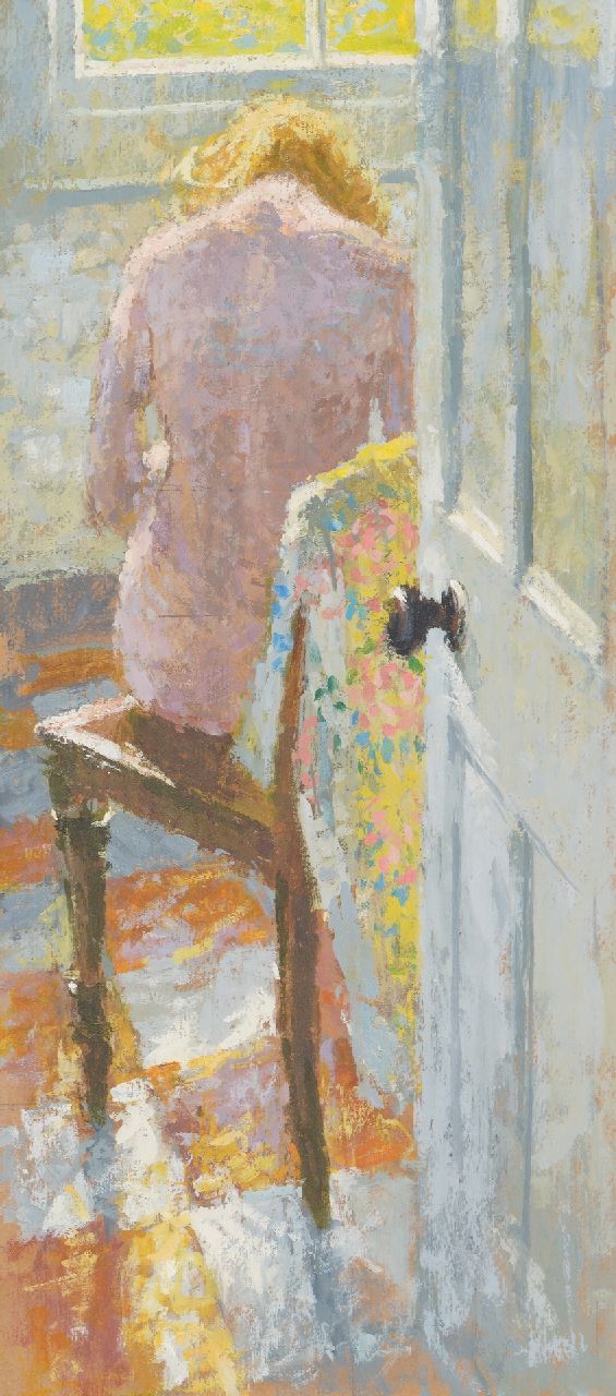 Ray S.  | Stuart Ray | Paintings offered for sale | Female nude in the morning sun, oil on board 52.1 x 23.9 cm, signed on back of the frame