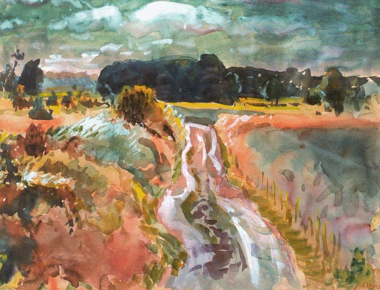Altink J.  | Jan Altink | Watercolours and drawings offered for sale | Country road, Groningen, gouache on paper 50.5 x 65.7 cm, signed l.r. and dated '51