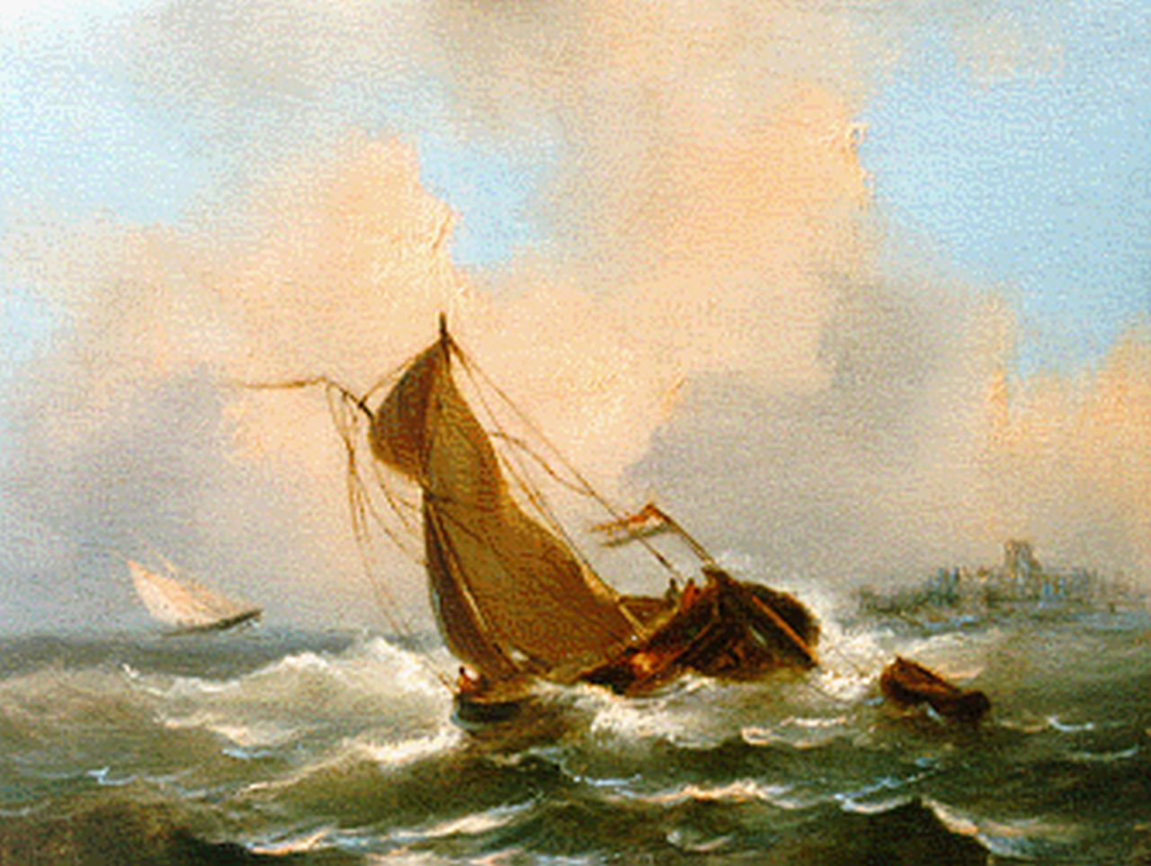Emmerik G. van | Govert van Emmerik, Shipping on choppy waters, oil on panel 13.1 x 17.3 cm, signed l.l. with initials