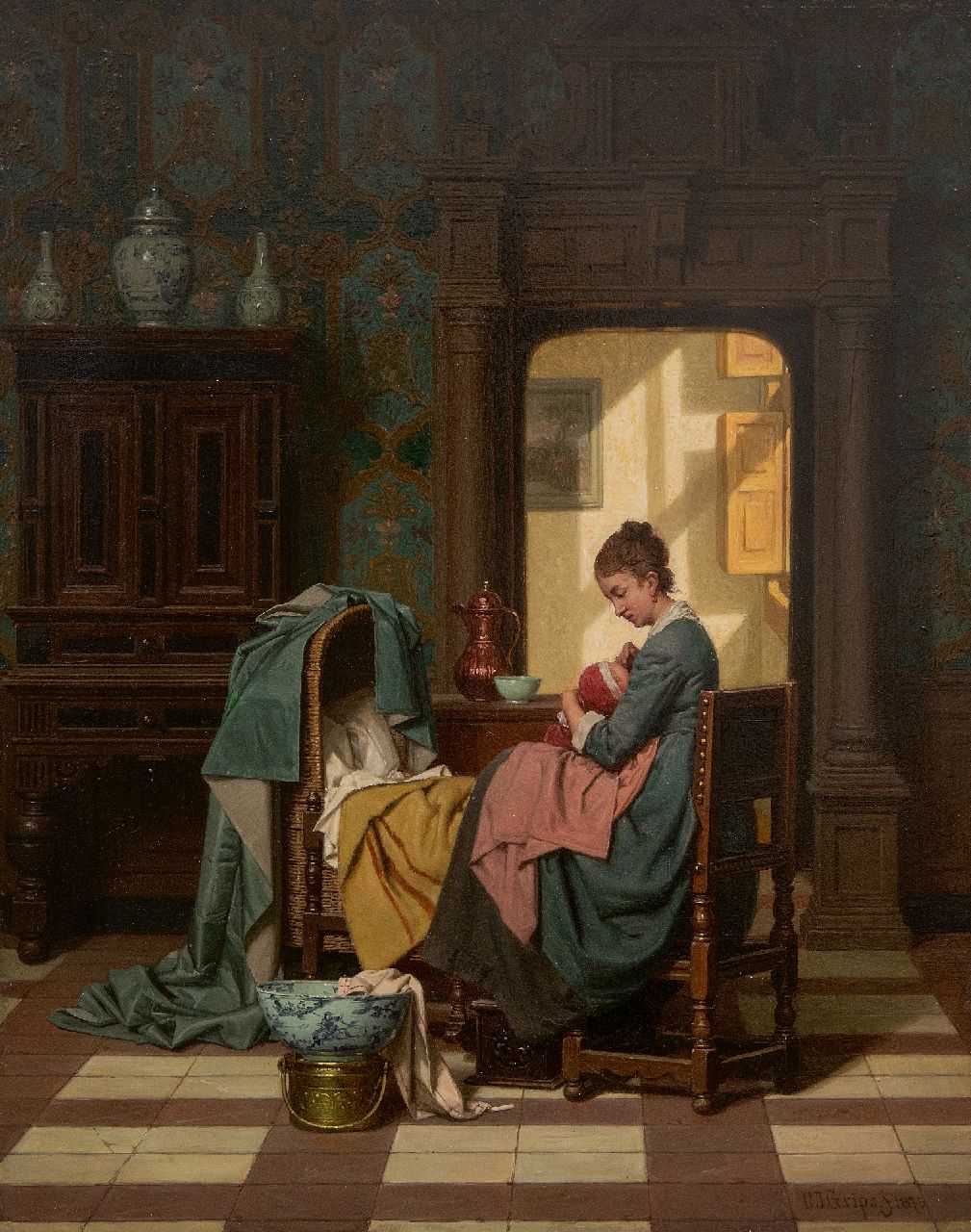 Carel Jozeph Grips | Mother and child in an Old Dutch interior, oil on panel, 38.1 x 29.8 cm, signed l.r. and dated 1875 Carel Jozeph Grips | Mother and child in an Old Dutch interior, oil on panel, 38.1 x 29.8 cm, signed l.r. and dated 1875