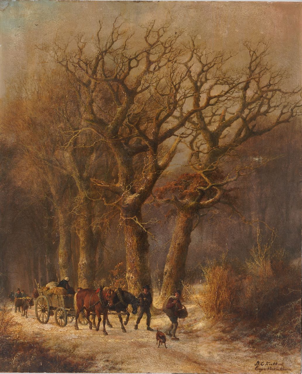 Johann Bernard Klombeck en Eugène Verboeckhoven | A winter forest with figures and livestock, oil on panel, 59.5 x 48.8 cm, signed l.r. by Klombeck Johann Bernard Klombeck en Eugène Verboeckhoven | A winter forest with figures and livestock, oil on panel, 59.5 x 48.8 cm, signed l.r. by Klombeck