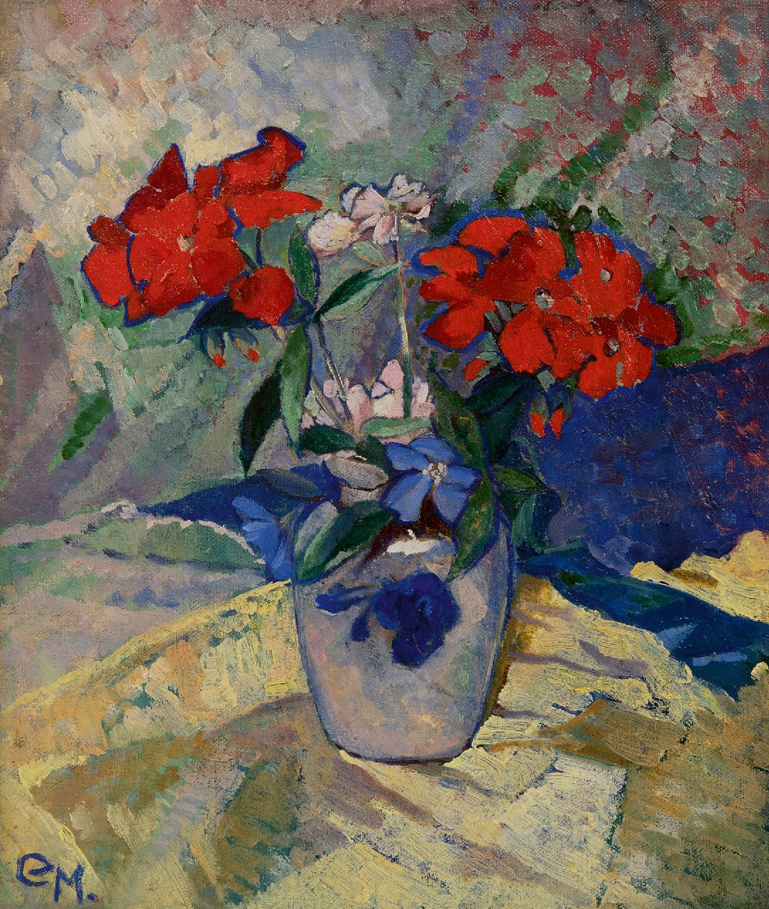 Machotka C.  | Carola Machotka | Paintings offered for sale | Red flowers in a vase, oil on canvas 32.0 x 27.1 cm, signed l.l. with initials and to be dated ca. 1925