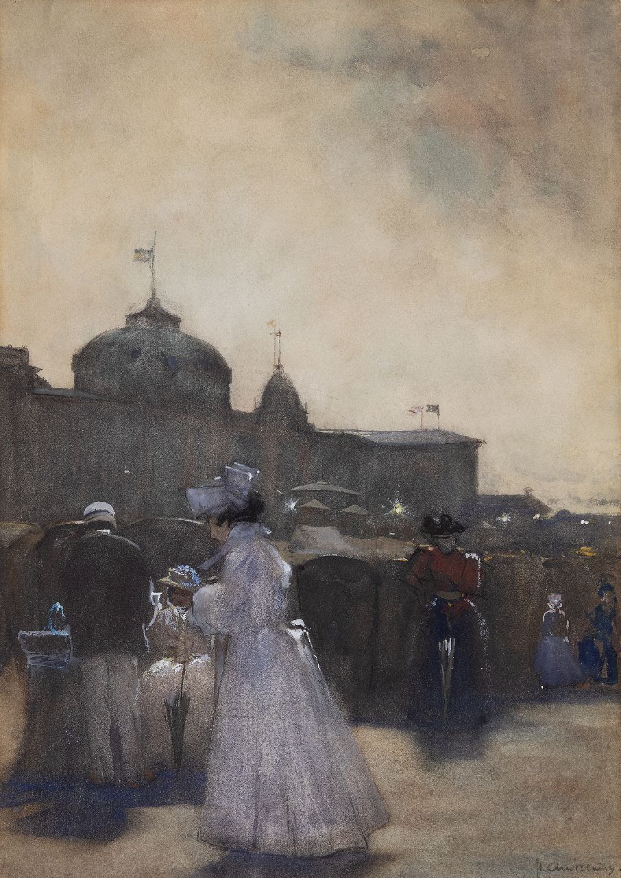 Arntzenius P.F.N.J.  | Pieter Florentius Nicolaas Jacobus 'Floris' Arntzenius | Watercolours and drawings offered for sale | Summer guests at the Kurhaus in Scheveningen at twilight, chalk, watercolour and gouache on paper 43.8 x 30.8 cm, signed l.r.