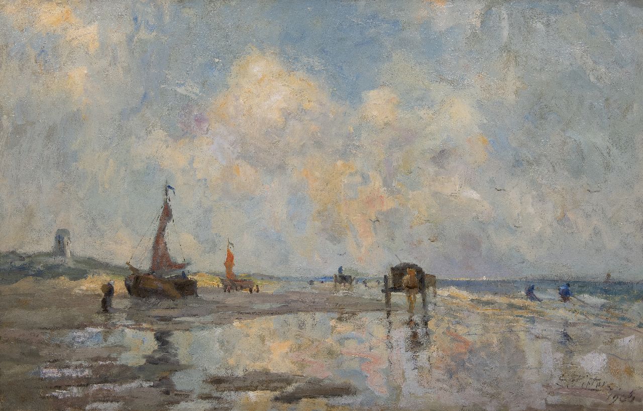 Pieters E.  | Evert Pieters, Beach at Katwijk with barges and shellfishers, oil on canvas 85.5 x 130.2 cm, signed l.r. and dated 1906