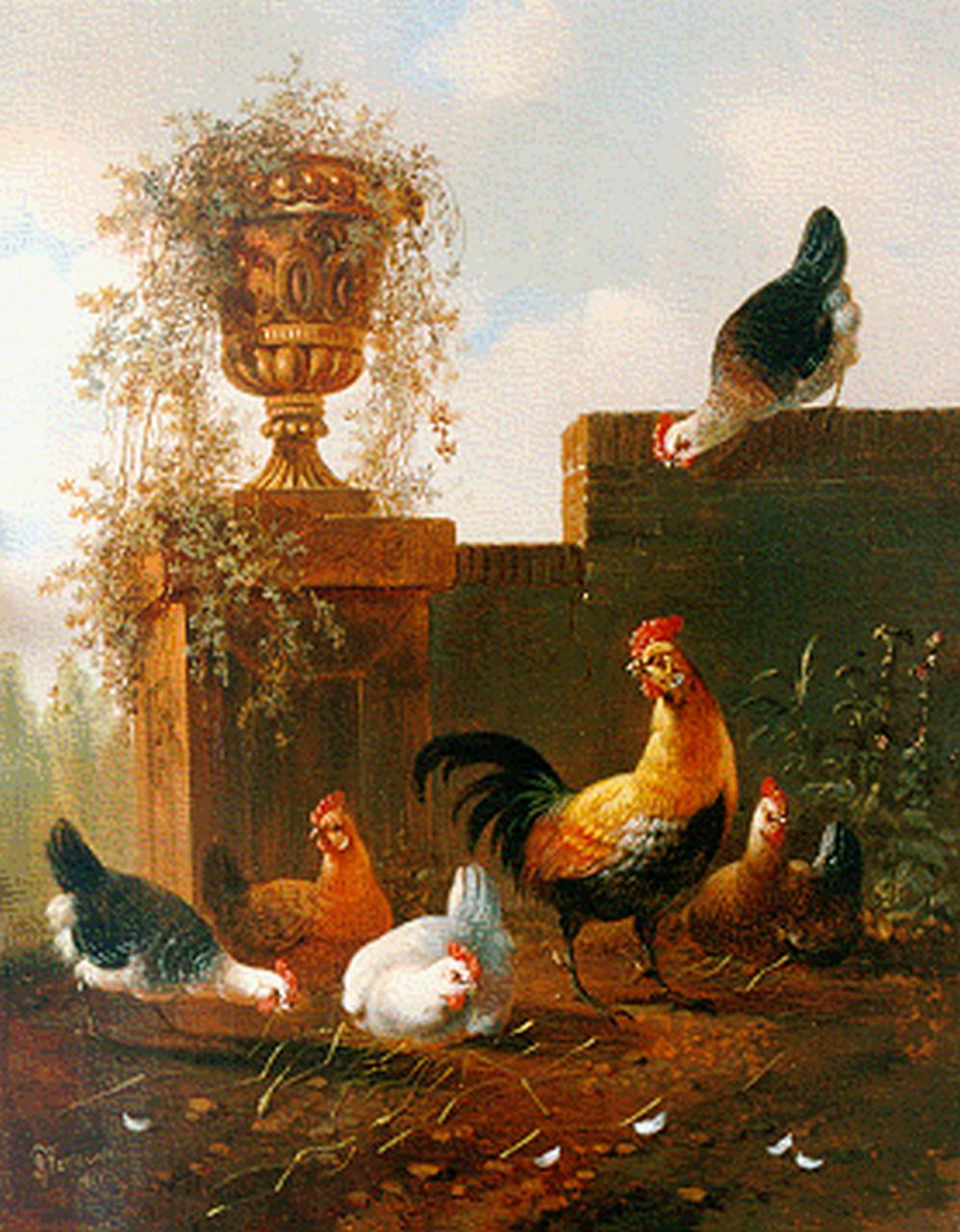 Verhoesen A.  | Albertus Verhoesen, Poultry in a classical landscape, oil on panel 28.7 x 23.0 cm, signed l.r. and dated 1857