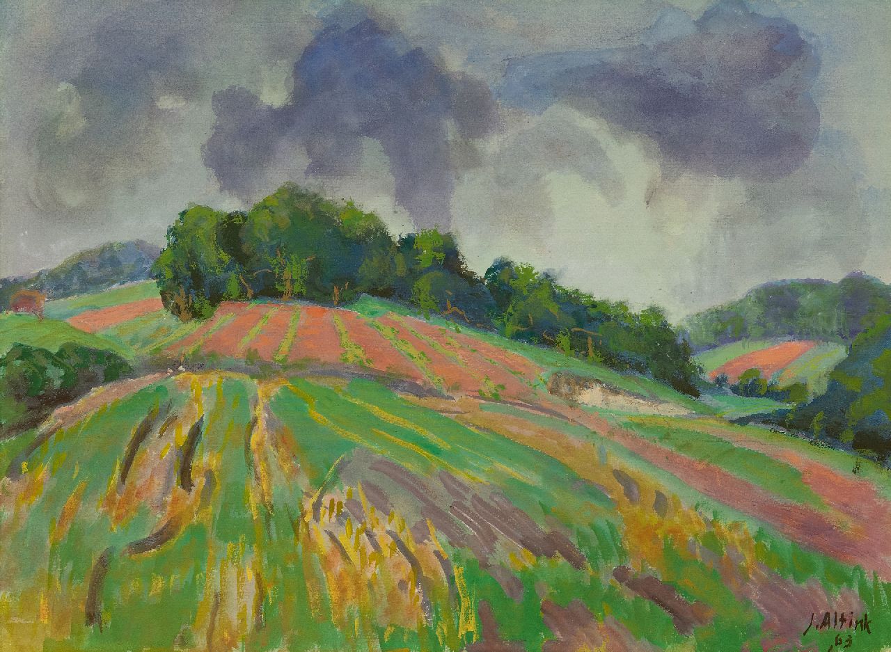 Altink J.  | Jan Altink | Watercolours and drawings offered for sale | Hilly farm landscape, watercolour and gouache on paper 56.0 x 75.8 cm, signed l.r. and dated '63