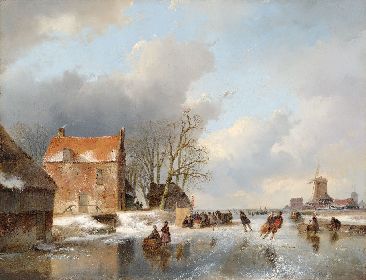 Schelfhout A.  | Andreas Schelfhout | Paintings offered for sale | A frozen river with skaters and a 'koek-en-zopie', oil on panel 40.6 x 52.6 cm, signed l.l. and dated '41