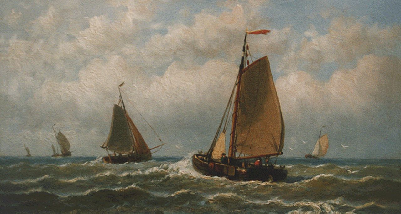 Hulk H.  | Hendrik Hulk, Sailing vessels in full sail, oil on canvas 18.0 x 30.1 cm, signed l.r.