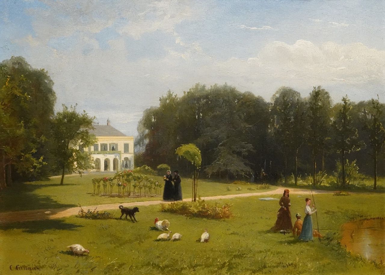 Conradijn Cunaeus | Country house with elegant ladies in the garden, oil on panel, 26.0 x 35.0 cm, signed l.l. and private Conradijn Cunaeus | Country house with elegant ladies in the garden, oil on panel, 26.0 x 35.0 cm, signed l.l. and private