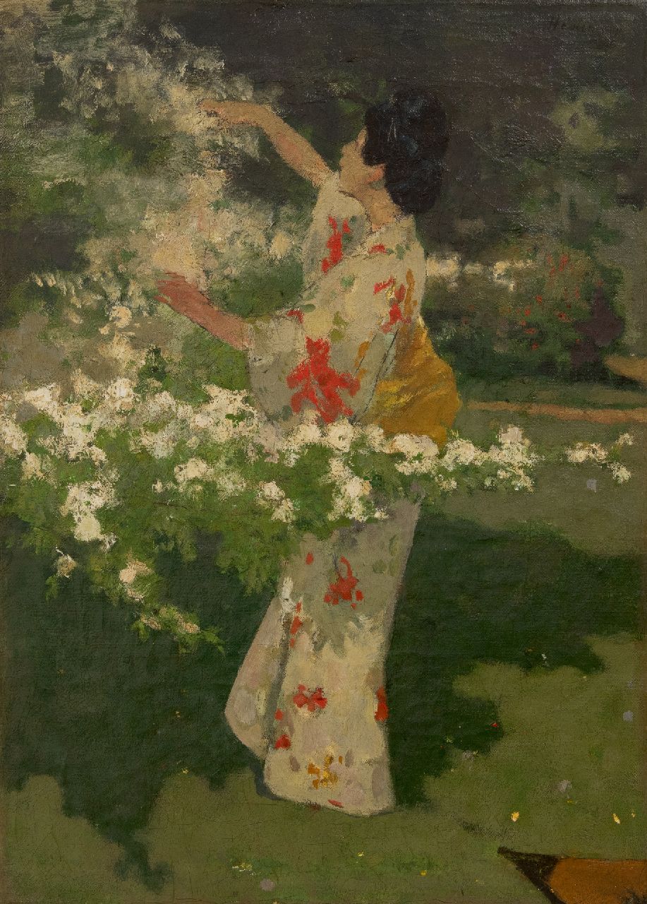Haverman H.J. | Hendrik Johannes Haverman | Paintings offered for sale | Japanese woman near a cherry blossom tree, oil on canvas 54.3 x 39.9 cm, signed u.r. Haverman H.J. | Hendrik Johannes Haverman | Paintings offered for sale | Japanese woman near a cherry blossom tree, oil on canvas 54.3 x 39.9 cm, signed u.r.