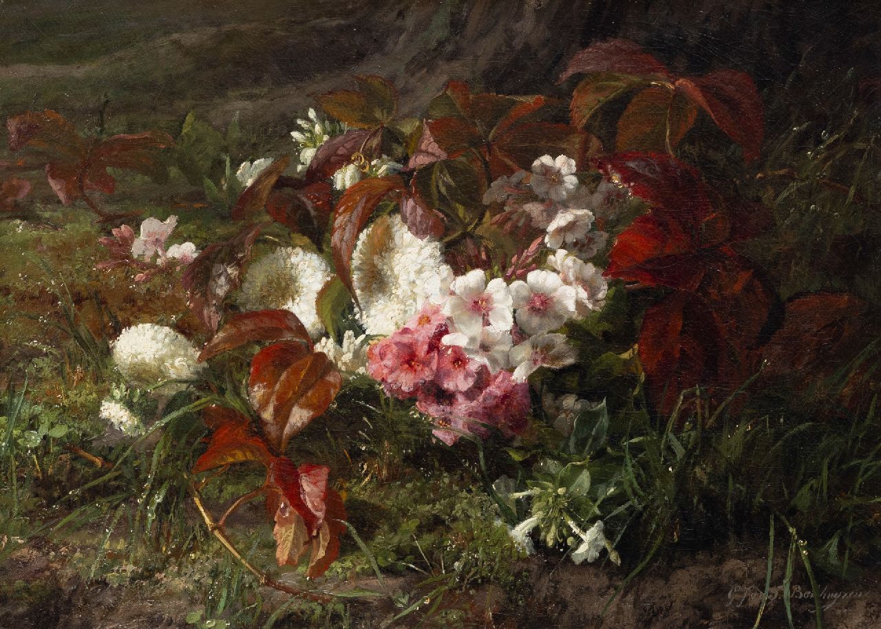 Sande Bakhuyzen G.J. van de | 'Gerardine' Jacoba van de Sande Bakhuyzen | Paintings offered for sale | Flowers on a forest-path, oil on canvas 34.4 x 47.2 cm, signed l.r. Sande Bakhuyzen G.J. van de | 'Gerardine' Jacoba van de Sande Bakhuyzen | Paintings offered for sale | Flowers on a forest-path, oil on canvas 34.4 x 47.2 cm, signed l.r.