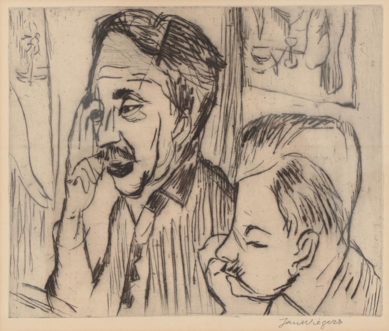 Wiegers J.  | Jan Wiegers | Prints and Multiples offered for sale | Portrait of H.N. Werkman and Johan van Zweden, etching on paper 21.5 x 26.0 cm, signed l.r. (in pencil) and executed in 1925 (without frame)