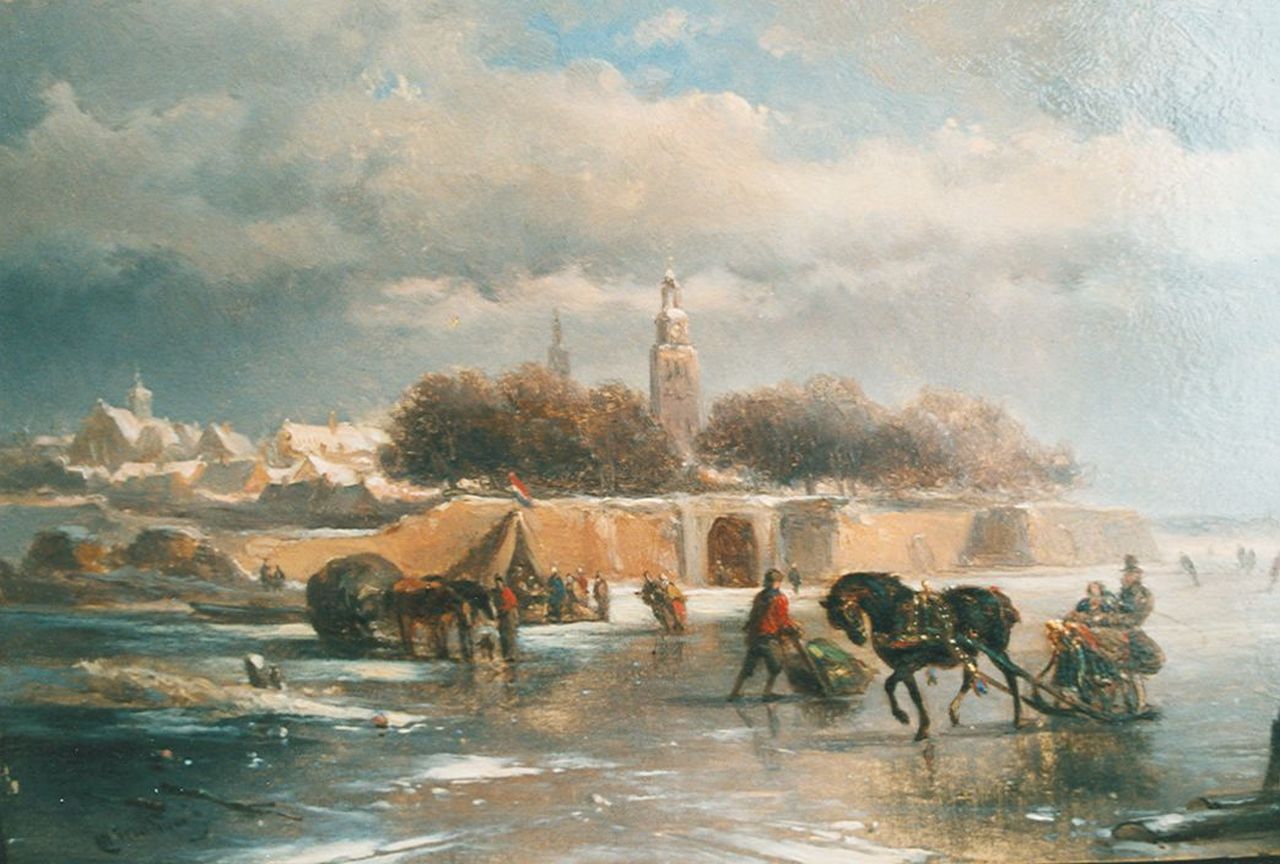 Verschuur W.  | Wouterus Verschuur, A view of Zutphen in winter, oil on panel 15.4 x 22.7 cm, signed l.l.